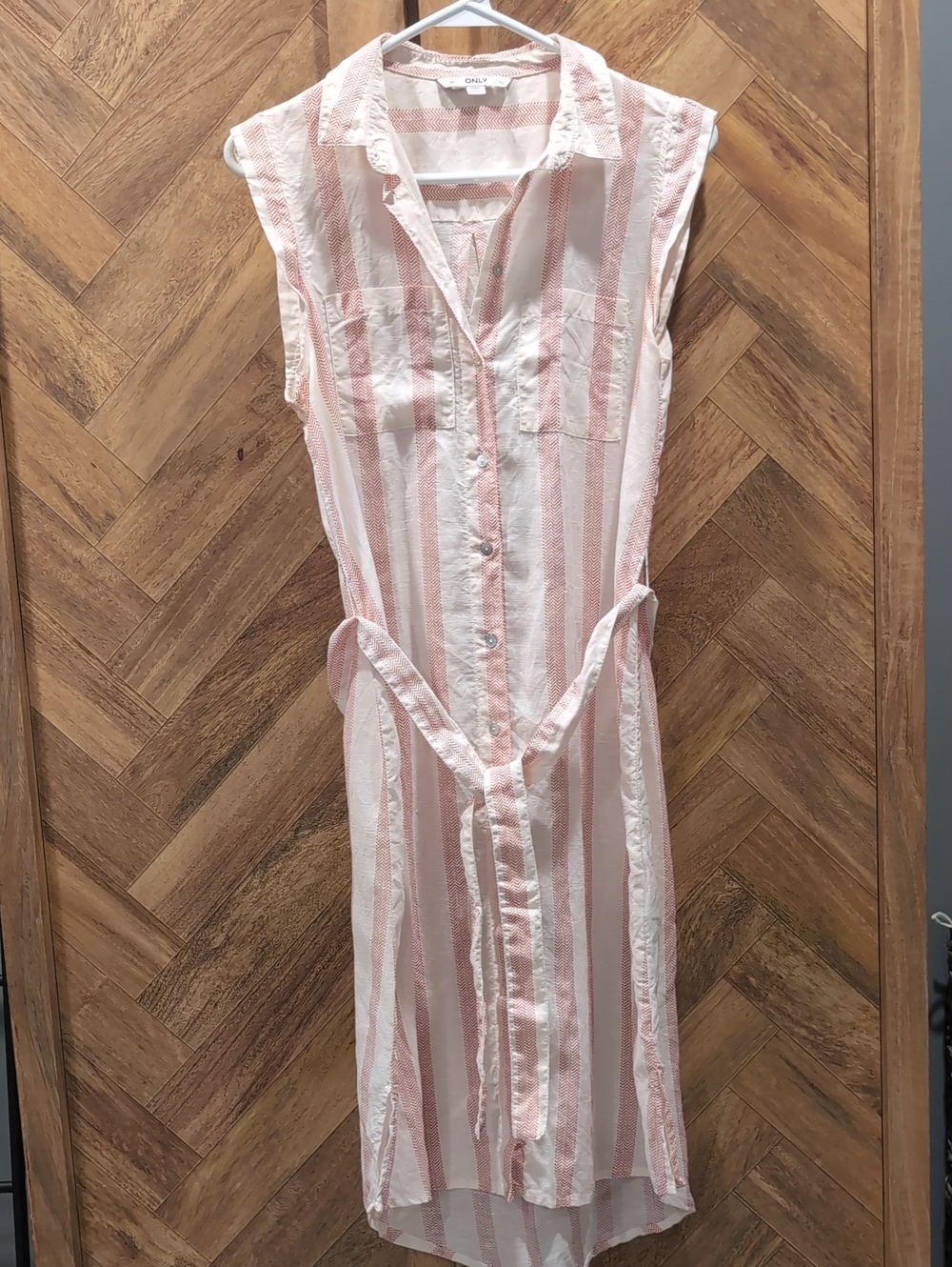 Cute Red and White Striped Sleeveless Midi Lyocell Linen Shirt Dress Size 34